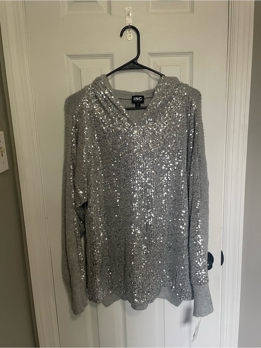 INC International Concepts Silver Sequin V-Neck Hooded Sweater
